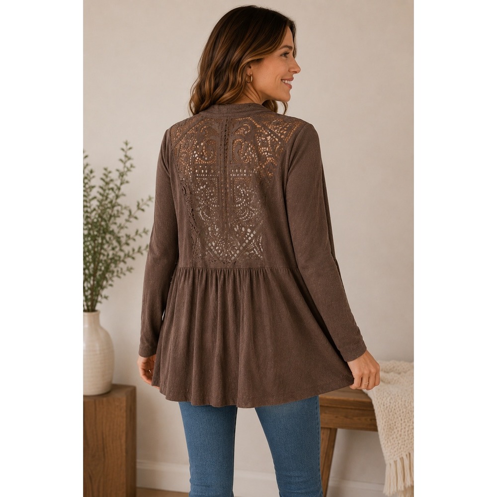Saturday Sunday Brown Boho Lace‎ Trim Cardigan Womens M Cottagecore Peasant